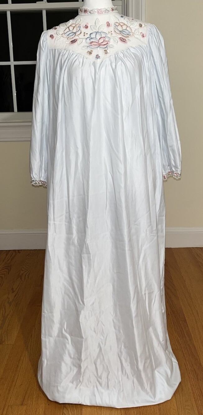 Vintage Miss Dior Long Nightgown Light Blue, Lace Mesh, High Neck, Size Large